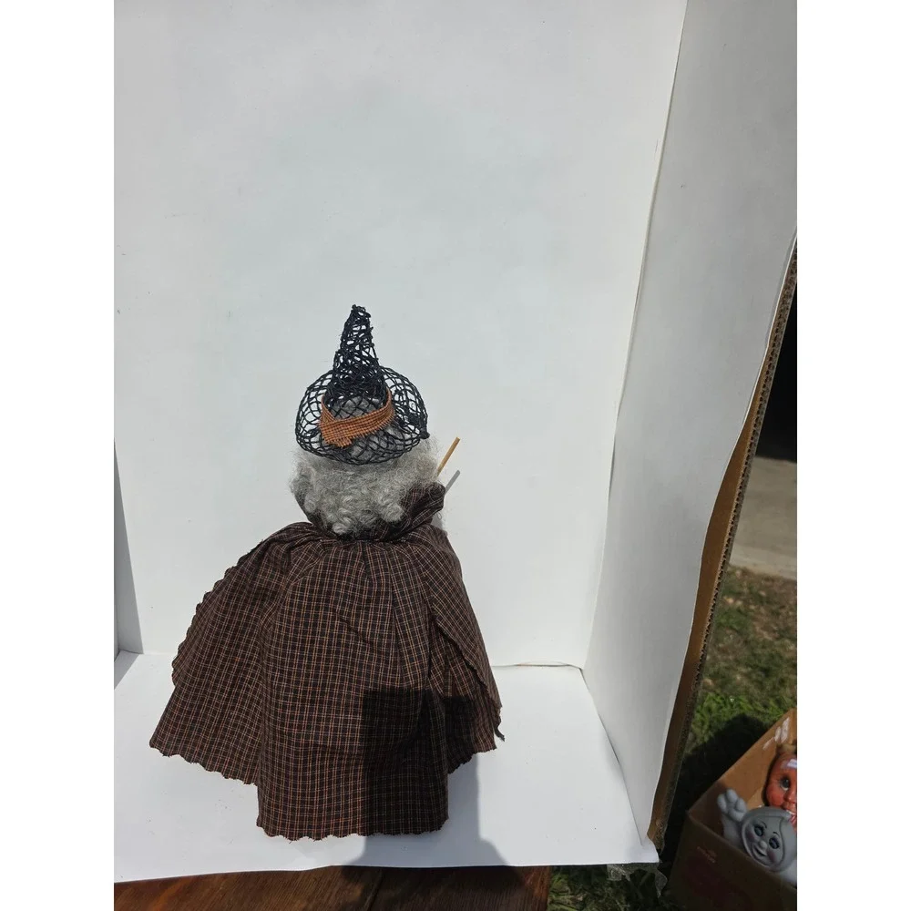 Vintage Primitive Halloween Witch Doll Handmade Folk Art Plaid Decor 14.5 inch